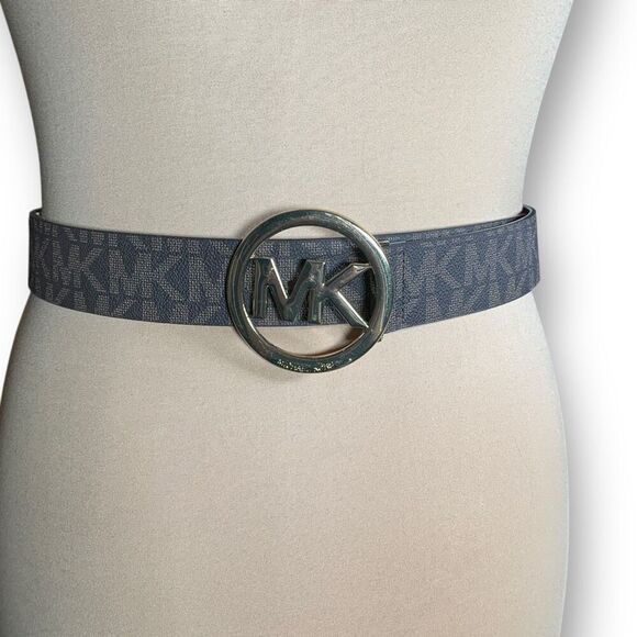 Michael Michael Kors Chocolate Logo Belt Statement MK Buckle Synthetic Leather - Picture 1 of 9